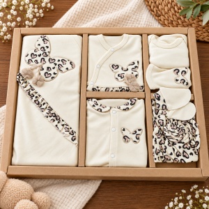 Set bebe fetita din bumbac 10 piese, crem cu imprimeu animal print si fluturi - Img 2