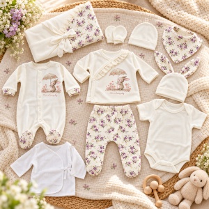 Set bebe fetita din bumbac 10 piese, crem cu imprimeu floral si iepuras