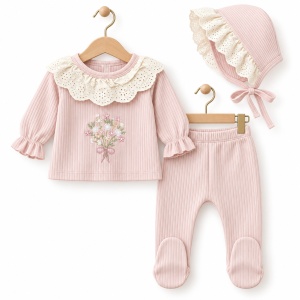 Set bebe fetita din bumbac 10 piese, roz pudrat, model floral - Img 3