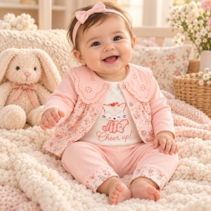 Set bebe fetita din bumbac 3 piese cu body vulpita, cardigan floral si pantaloni roz