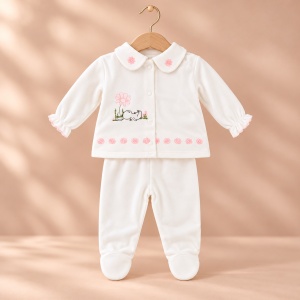 Set bebe fetita din bumbac, bluza, pantaloni cu botosei, caciulita, baveta si manusi, alb, floricele roz - Img 3