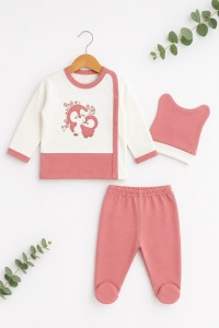 Set bebe fetita roz 3 piese din bumbac cu bluza pantalon si caciulita model pinguin - Img 2