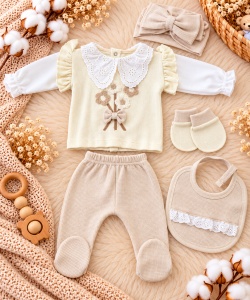 Set bebe fetite 5 piese crem bej cu flori, bluza, pantaloni, bentita, manusi si bavetica