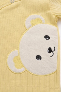 Set bebe galben 3 piese ursulet bumbac rib bluza pantaloni caciulita - Img 3