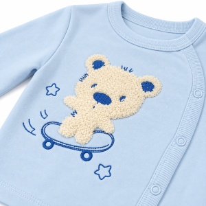 Set bebe ursulet din bumbac 3 piese bleu cu pantaloni imprimati si botosei integrati - Img 3