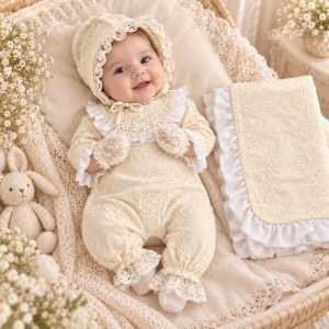 Set botez fetita premium 4 piese ivoire cu dantela, bumbac la interior si paturica eleganta