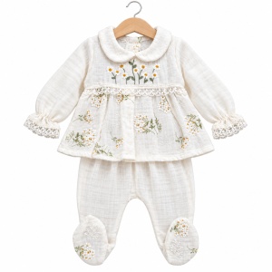 Set complet bebe din muselina 10 piese, imprimeu floral, alb cu verde - Img 5