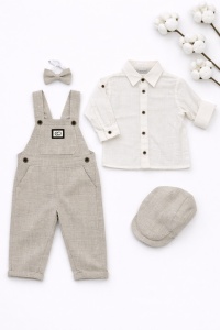 Set elegant baieti 4 piese salopeta gri camasa alba papion si sapca - Img 2