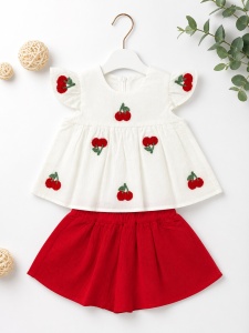 Set fetita 2 piese bluza alba cu cirese si fusta rosie vaporoasa din vascoza - Img 2