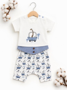Set haine bebe baiat 2 piese bumbac premium – tricou si pantaloni scurti albastri cu girafa - Img 2