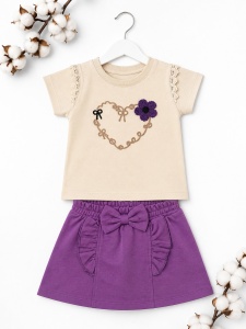Set haine bebe fete 2 piese bumbac – tricou si fusta pantalon mov cu fundita - Img 2