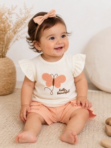 Set haine bebe fete 2 piese bumbac premium – tricou cu fluture si pantaloni somon - Img 1