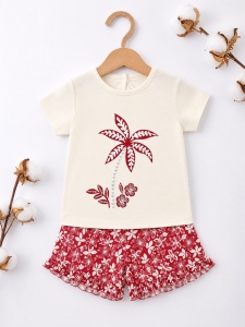 Set haine bebe fete 2 piese bumbac premium – tricou si pantaloni scurti rosii floral - Img 2