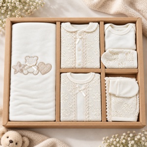 Set haine bebe fetita 10 piese din bumbac, crem, cu dantela, nou-nascut - Img 2