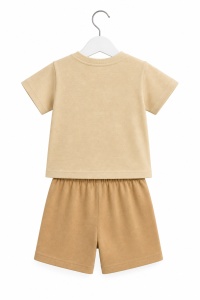 Set haine bebe unisex 2 piese bumbac – tricou si pantaloni bej cu ursulet bear - Img 3