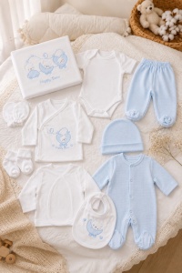 Set nou nascut 10 piese albastru, Happy Bear, bumbac moale pentru bebelusi