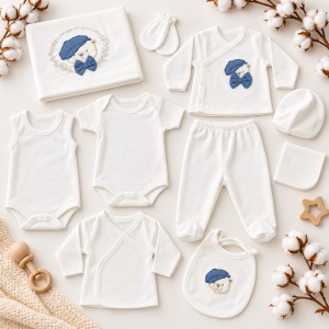 Set nou nascut 10 piese bumbac alb cu ursulet bleu, paturica, body, pantaloni si accesorii