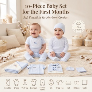 Set nou nascut 10 piese bumbac bleu alb cu salopeta, compleu elegant, paturica si accesorii - Img 6