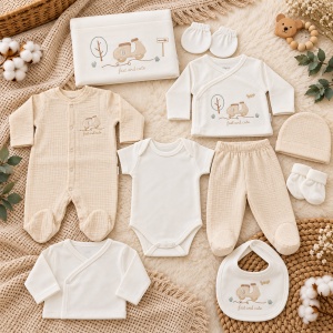 Set nou nascut 10 piese bumbac crem cu scuter, paturica, salopeta, body si accesorii