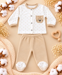 Set nou nascut 10 piese bumbac organic, paturica, body, bluzite, pantaloni si accesorii, maro - Img 2