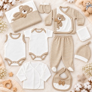 Set nou-nascut 10 piese din bumbac, body, bluza, pantaloni cu botosei, paturica si accesorii, ursulet, bej