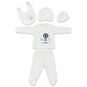Set nou nascut 5 piese din bumbac alb cu balon cu aer cald, bluza petrecuta si botosei integrati - Img 4