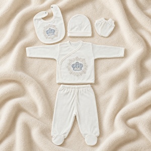 Set nou nascut 5 piese din bumbac alb cu coroana brodata, bluza petrecuta si botosei integrati - Img 4