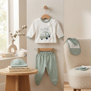 Set nou-nascut 5 piese din bumbac alb si verde salvie cu masinuta si ursulet, pantaloni cu botosei