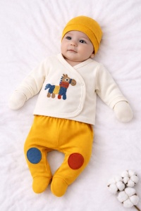Set nou nascut 5 piese galben cu girafa bluza pantaloni caciula bavetica botosi - Img 2