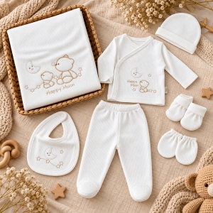 Set nou nascut 7 piese bumbac alb cu ursulet si luna, paturica, pantaloni si accesorii