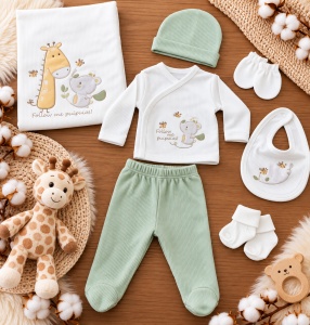 Set nou nascut 7 piese bumbac alb verde cu girafa, paturica, pantaloni si accesorii