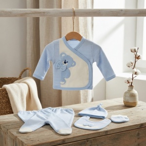 set nou nascut baiat 5 piese bleu cu ursulet pantaloni cu botosei integrati