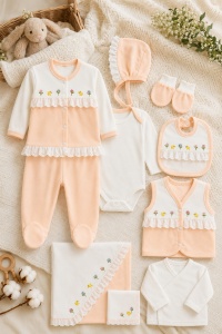 Set nou nascut fetita 10 piese 100% bumbac, piersica, paturica, body, vestuta