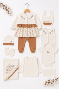 Set nou nascut fetita 10 piese 100% bumbac, rochita florala, paturica inclusa, crem maro - Img 2