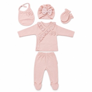 Set nou-nascut fetita 5 piese bumbac roz cu fundite si pantaloni cu botosei integrati - Img 3