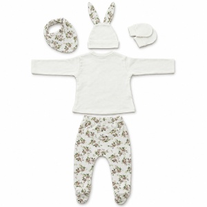 Set nou nascut fetita 5 piese din bumbac, crem cu imprimeu floral si iepuras, pantaloni cu botosei - Img 4
