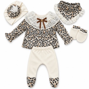 Set nou nascut fetita 5 piese din bumbac crem cu imprimeu leopard si dantela - Img 3