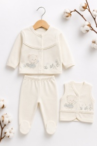 Set nou nascut fetite 10 piese 100% bumbac, crem, ursulet brodat, paturica inclusa - Img 3