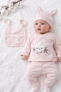 Set nou nascut fetite 5 piese roz cu iepuras pantalon bavetica si caciulita