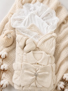 Set premium pentru bebe din lana de oaie 4 piese cu port-bebe si salopeta tricotata crem, detaliu material si finisaje