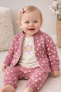Set trening fete 3 piese roz prafuit cu buline jacheta bluza pantaloni