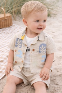 Set vara crem bebe 3 piese bumbac maieu camasa si pantaloni scurti casual