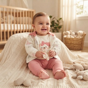 Set vestimentar fetita din bumbac 3 piese cu fluturasi si pantaloni roz pudrat