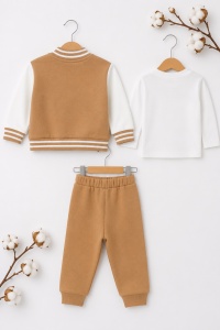 Trening bebe 3 piese camel din bumbac cu bluza, jacheta college si pantaloni pentru bebelusi - Img 5