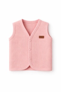 Vesta bebe roz din bumbac waffle, cu capse, moale si confortabila, fotografie de produs pe fundal alb