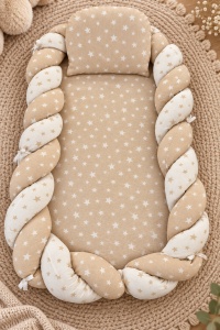 Baby nest 60x80 cm cu impletitura si pernuta, bej crem, model Stelute pentru nou nascuti - Img 3