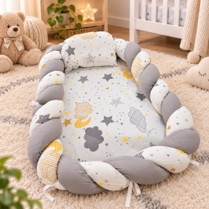 Baby nest impletit 60x80 cm cu pernuta, model gri cu alb stelute si norisori - Img 2