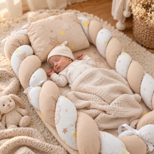 Baby nest impletit 60x80 cm cu pernuta, model Luna si Stelute, bej pentru nou nascuti
