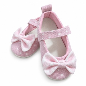 Balerini bebe fete roz cu buline si funda, pantofiori cu bareta