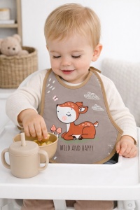 Baveta bebe impermeabila cu caprioara wild and happy, baveta hranire nou nascut